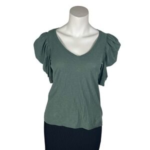 Nation Ltd Top Women's Small 100% Pima Cotton Green V-neck Puff Sleeve